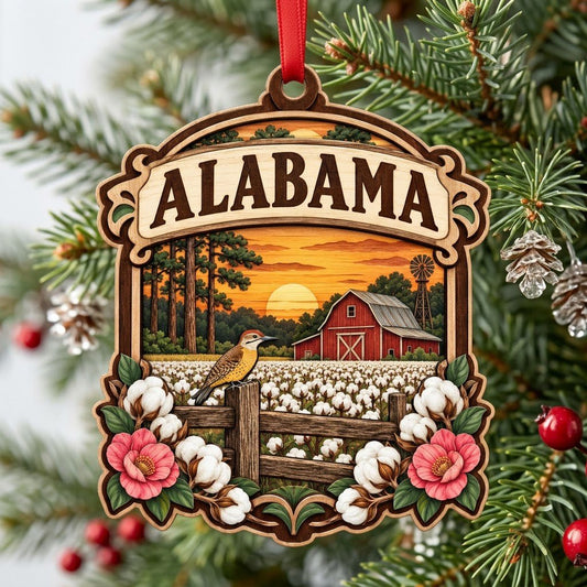 Custom-cut wood ornament with “ALABAMA”, red barn, windmill, yellowhammer bird, cotton and pink camellias at sunset.