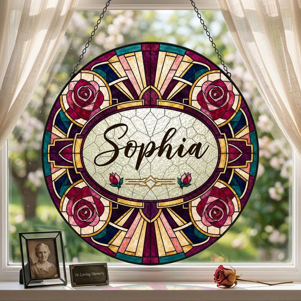Round stained glass-style suncatcher with red and pink roses, a cream oval name panel, and black leaded lines.