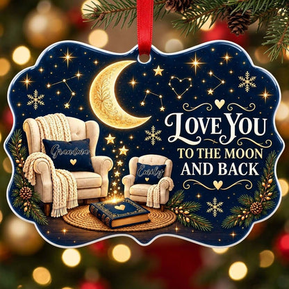 Medallion ceramic ornament with golden moon, stars, two chairs, and 'LOVE YOU TO THE MOON AND BACK' text.