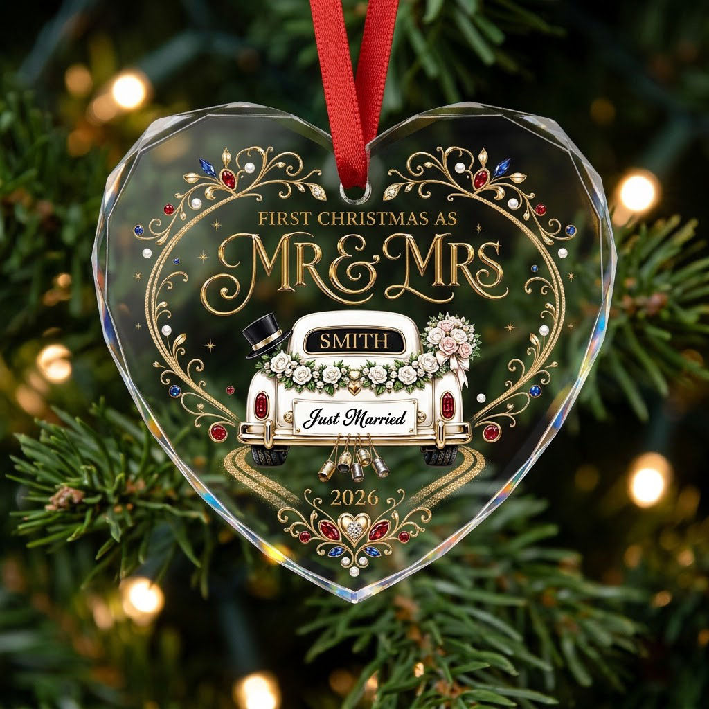 Personalized First Christmas as Mr & Mrs Vintage Getaway Car Heart Glass Ornament