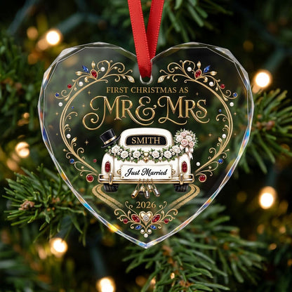 Personalized First Christmas as Mr & Mrs Vintage Getaway Car Heart Glass Ornament