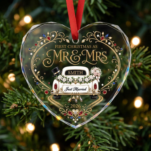 Personalized First Christmas as Mr & Mrs Vintage Getaway Car Heart Glass Ornament