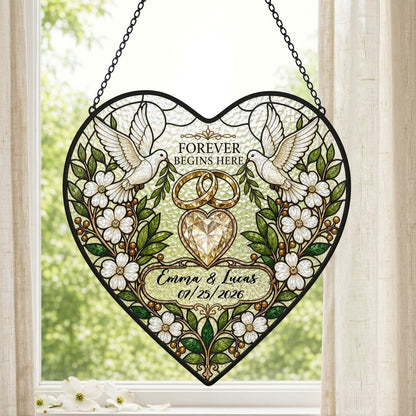 Personalized Wedding Doves & Diamond Heart Forever Begins Here Heart Stained Glass Suncatcher