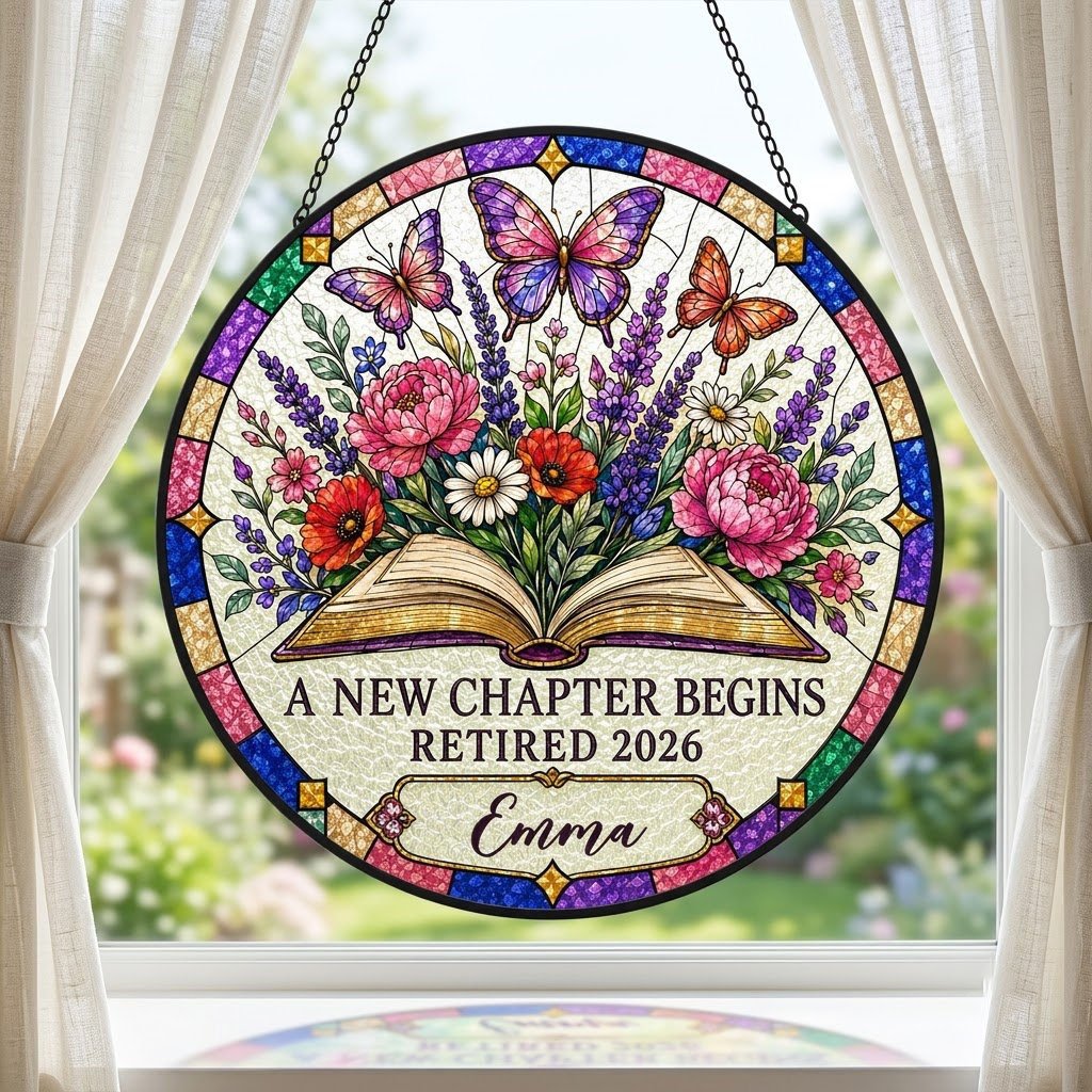 Personalized Retirement Open Book & Butterflies A New Chapter Begins Stained Glass Round Suncatcher