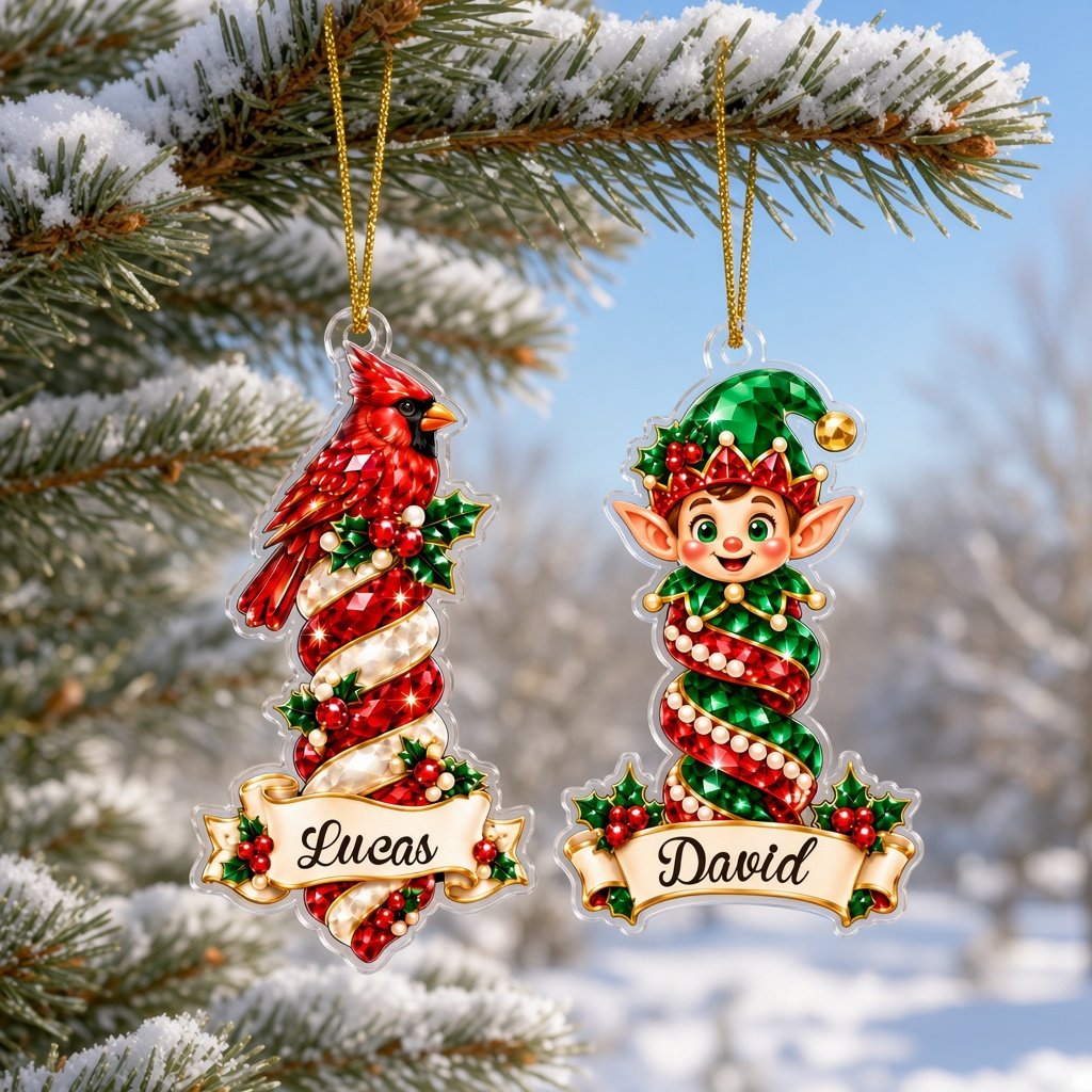 Acrylic ornament with green gift box and smiling elf, jeweled spiral columns, holly, and a name banner.