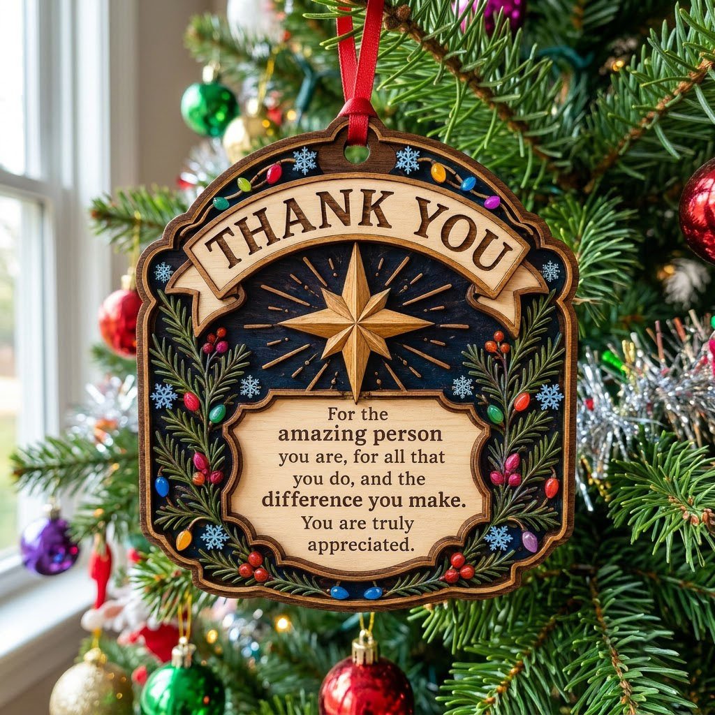 Ornate arch wood ornament with “THANK YOU” message, eight-point star, evergreens, berries, colorful lights, and snowflak