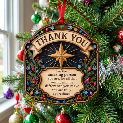 Ornate arch wood ornament with “THANK YOU” message, eight-point star, evergreens, berries, colorful lights, and snowflak