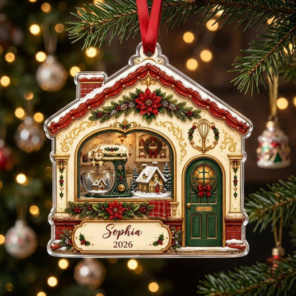 House-shaped acrylic ornament with baking scene, stand mixer, wreaths, and name and year on the bottom banner.