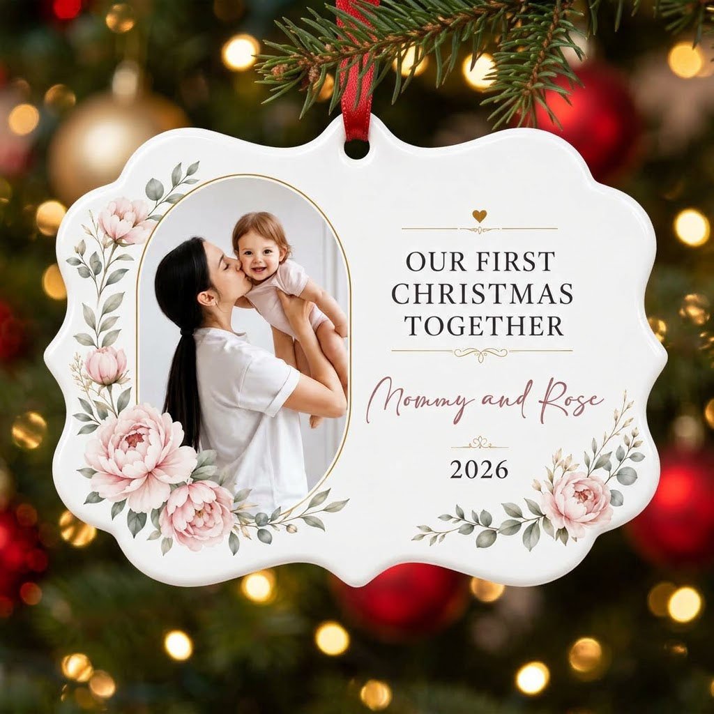 White scalloped ceramic ornament with gold oval photo frame, pink peonies, and Our First Christmas Together text.