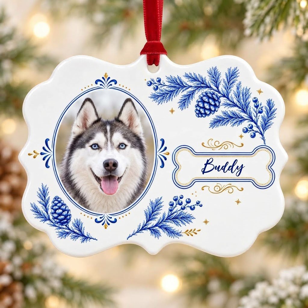 Medallion ceramic ornament with blue and gold filigree, bone name banner, and a custom husky dog photo on white.