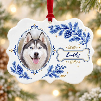 Medallion ceramic ornament with blue and gold filigree, bone name banner, and a custom husky dog photo on white.