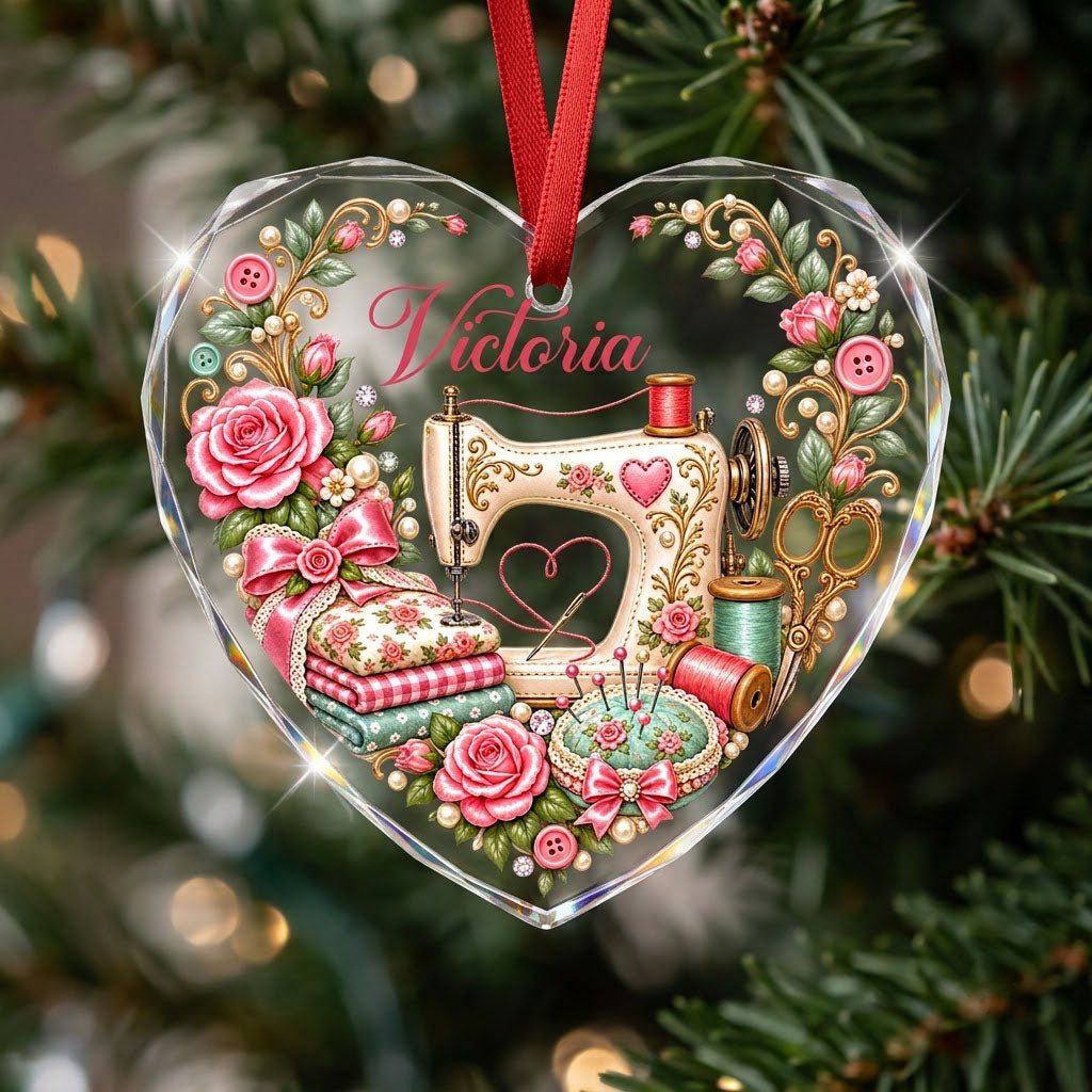 Heart-shaped glass ornament with vintage cream sewing machine, pink roses, buttons, and a personalized name.
