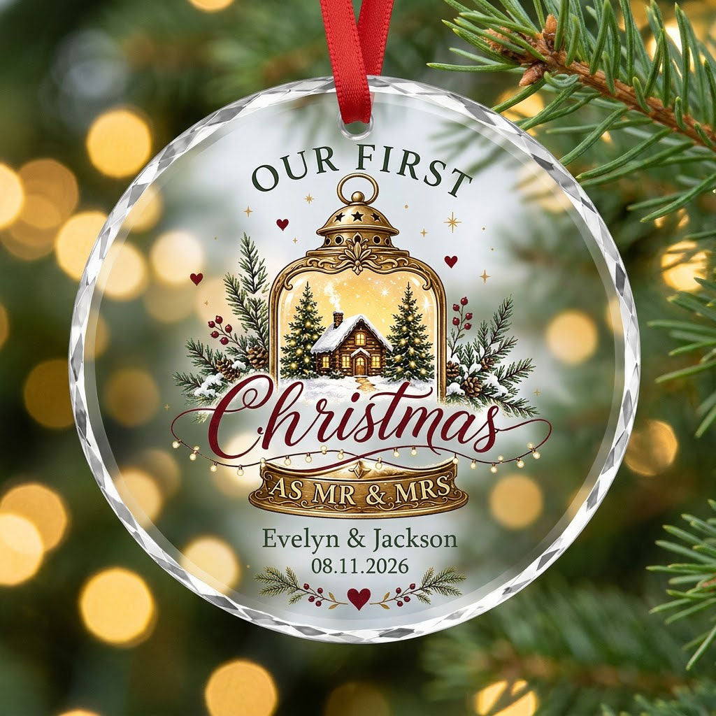 Round glass ornament with gold lantern, cozy cabin, pine branches, holly berries, and Our First Christmas as Mr & Mrs.
