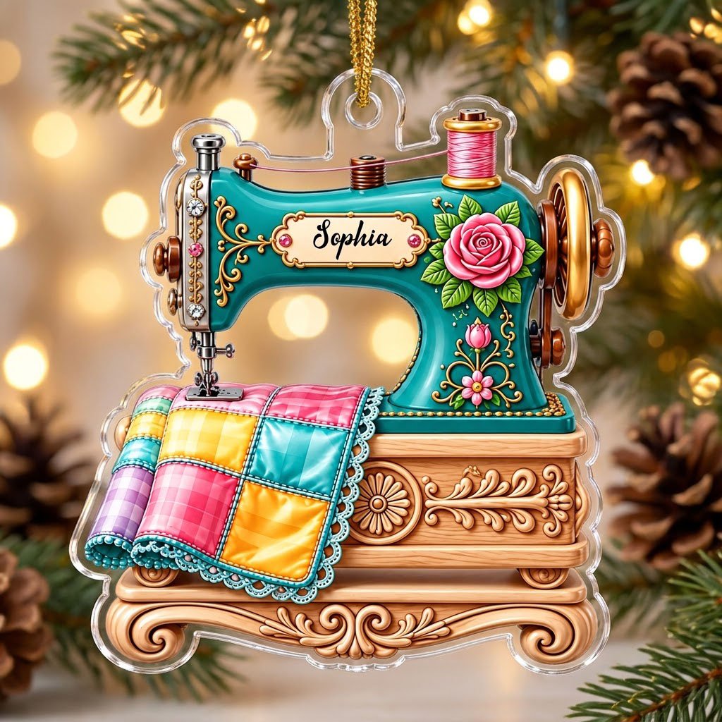 Custom-cut acrylic ornament of a teal vintage sewing machine with a rose and quilt block, personalized with a name.