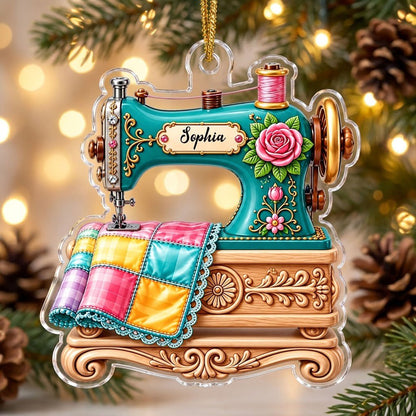 Custom-cut acrylic ornament of a teal vintage sewing machine with a rose and quilt block, personalized with a name.