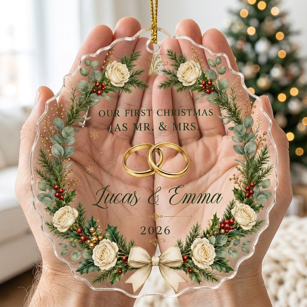 Personalized Our First Christmas as Mr & Mrs Acrylic Ornament, Custom Wedding Rings Floral Wreath Keepsake