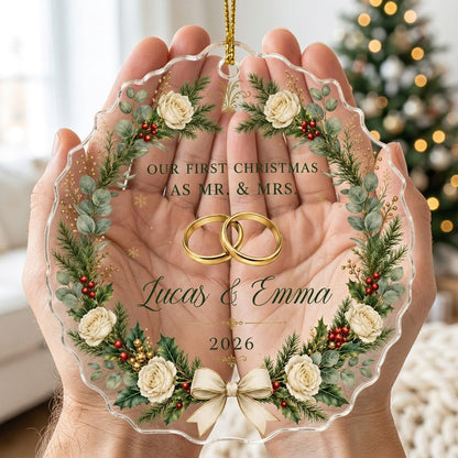 Personalized Our First Christmas as Mr & Mrs Acrylic Ornament, Custom Wedding Rings Floral Wreath Keepsake