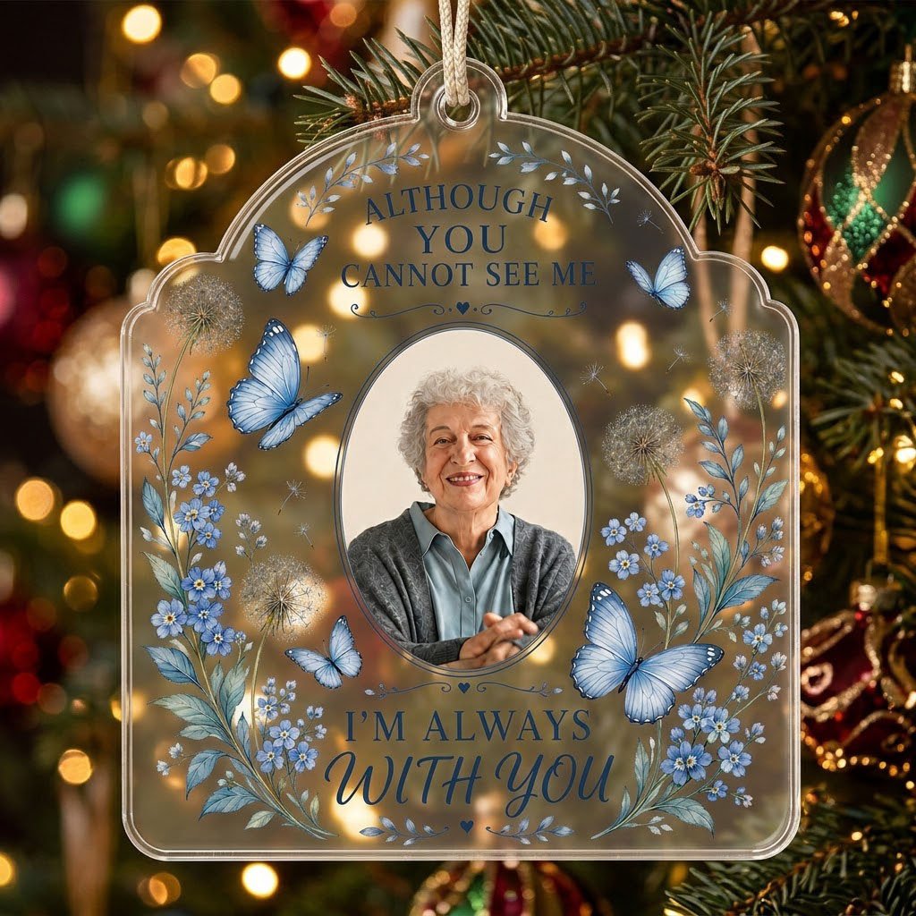 Personalized Blue Butterfly Floral Photo Memorial Acrylic Ornament