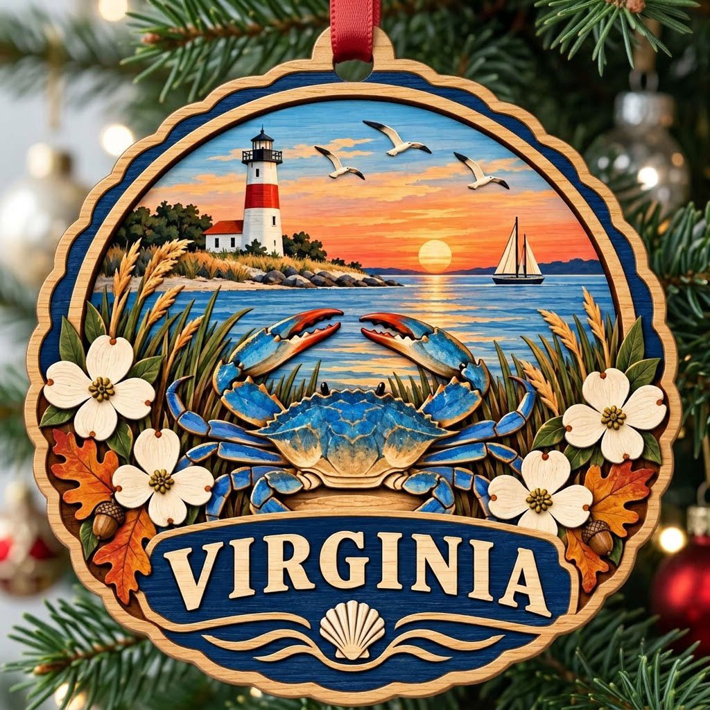 Scalloped wood ornament with blue crab, dogwood, lighthouse, sailboat, seagulls, and sunset over water with Virginia ban