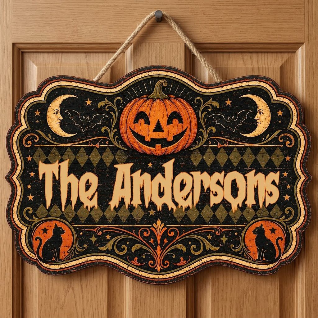 Ornate scalloped wooden sign with jack-o'-lantern, moons, bats, black cats and family name in Halloween style.