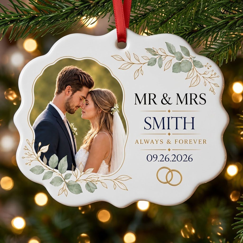 White scalloped ceramic medallion with MR & MRS, eucalyptus, gold rings, and a couple’s photo on the left.