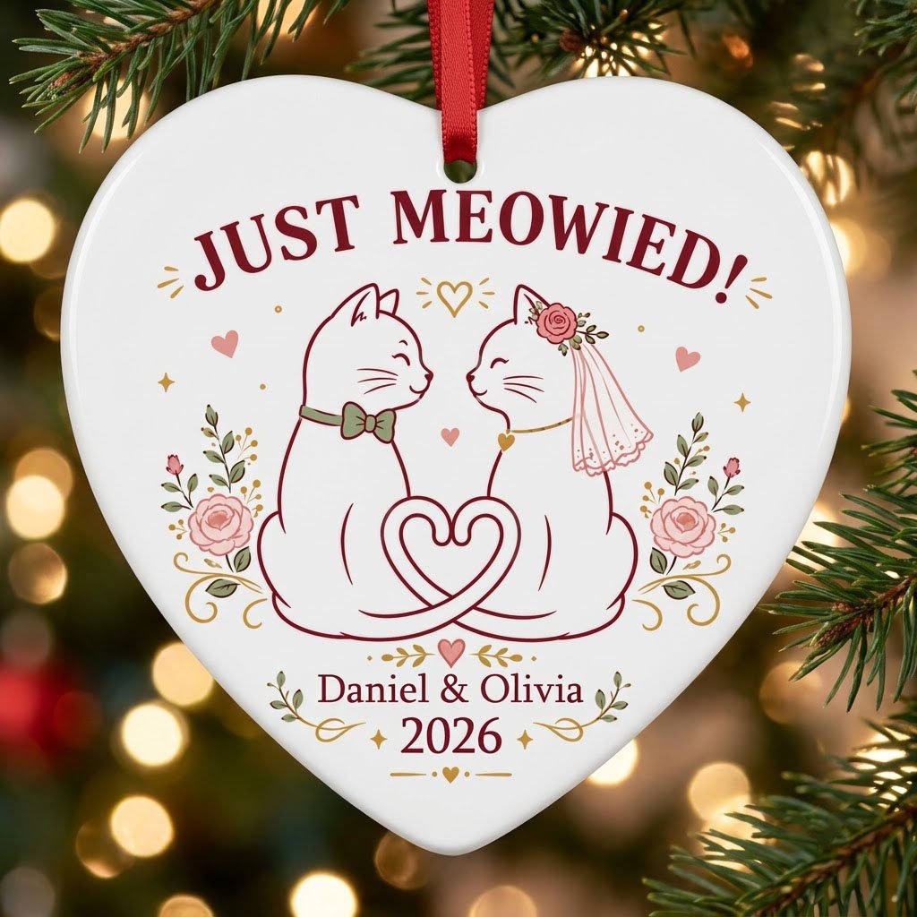 Two white cats with bow tie and bridal veil under JUST MEOWIED with roses and stars on a heart ceramic ornament.