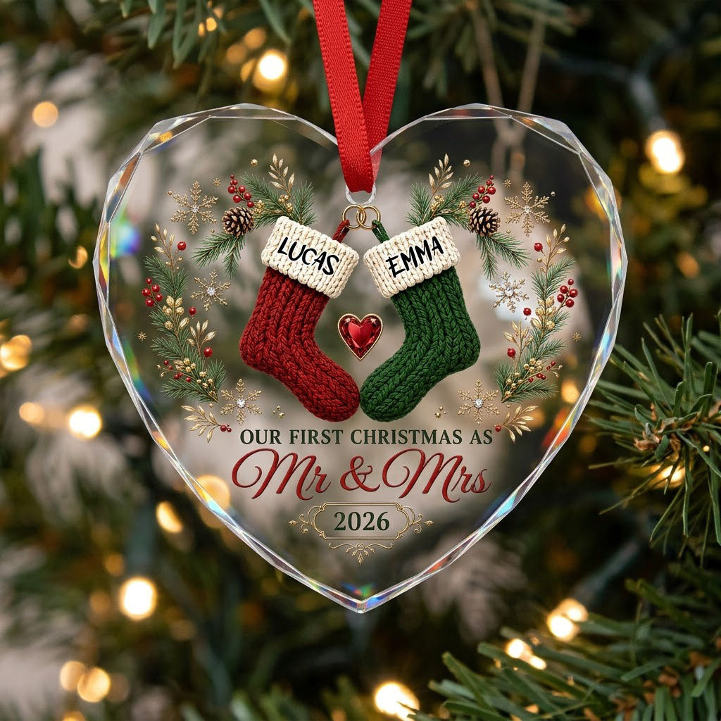 Heart-shaped glass ornament with red and green stockings hanging from gold rings and a red gemstone heart