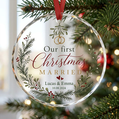 Personalized Our First Christmas Married Mistletoe Wreath Round Glass Ornament
