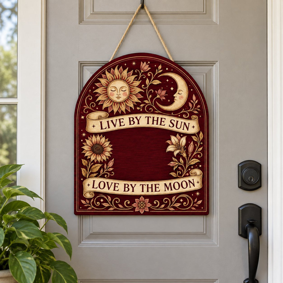 Arch sign with sleeping sun and moon, sunflower and lilies, banners reading Live by the Sun and Love by the Moon.