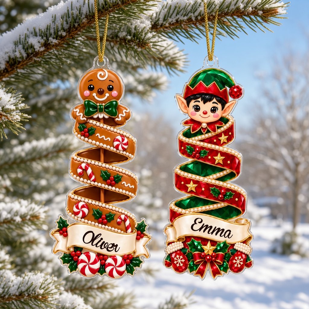Clear acrylic spiral tree ornament with peppermint or elf top, holly and candy details, and a personalized name banner.