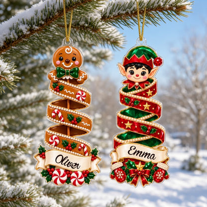 Clear acrylic spiral tree ornament with peppermint or elf top, holly and candy details, and a personalized name banner.