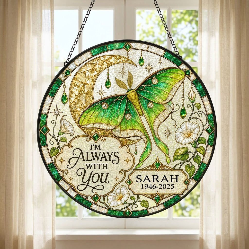 Personalized Luna Moth Memorial I'm Always With You Stained Glass Round Suncatcher