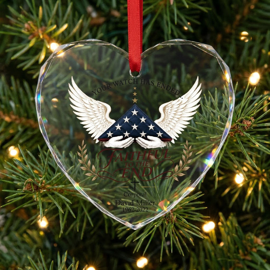 Personalized Police Memorial Your Watch Has Ended Folded Flag Angel Wings Heart Glass Ornament