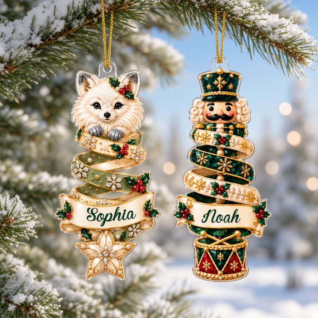 Custom-cut acrylic ornament with robin or fox ribbon tree and a cream name banner.