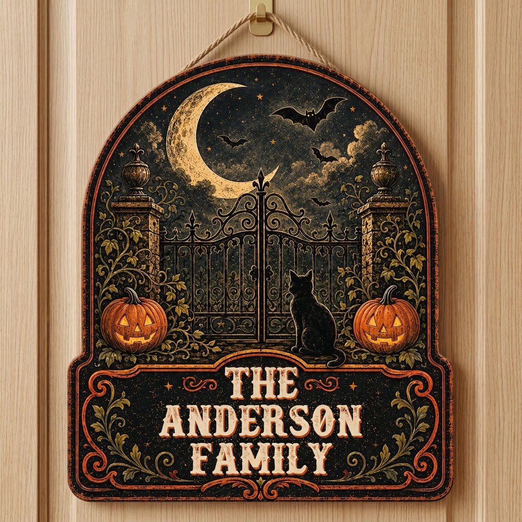 Arched wooden sign with crescent moon, bats, wrought-iron gate, black cat and jack-o'-lanterns with family name.