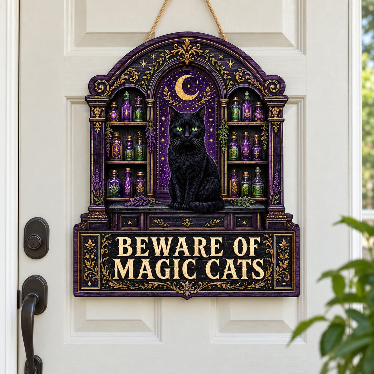 Arched wooden sign with a black cat, crescent moon, night sky, and potion shelves reading Beware of Magic Cats.