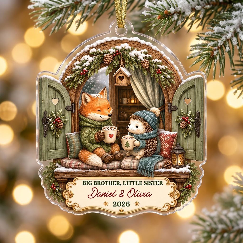 Arched window acrylic ornament with fox and hedgehog, garlands, birdhouse, and cream banner for names and year.