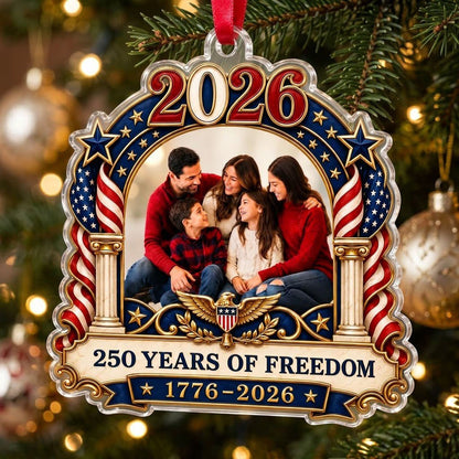 Ornate arched acrylic ornament with 2026, flag-draped columns, eagle emblem, and a central family photo frame