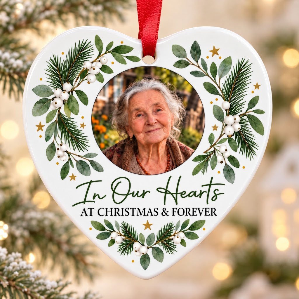 Heart ceramic ornament with In Our Hearts and AT CHRISTMAS & FOREVER around a circular photo frame with green foliage.