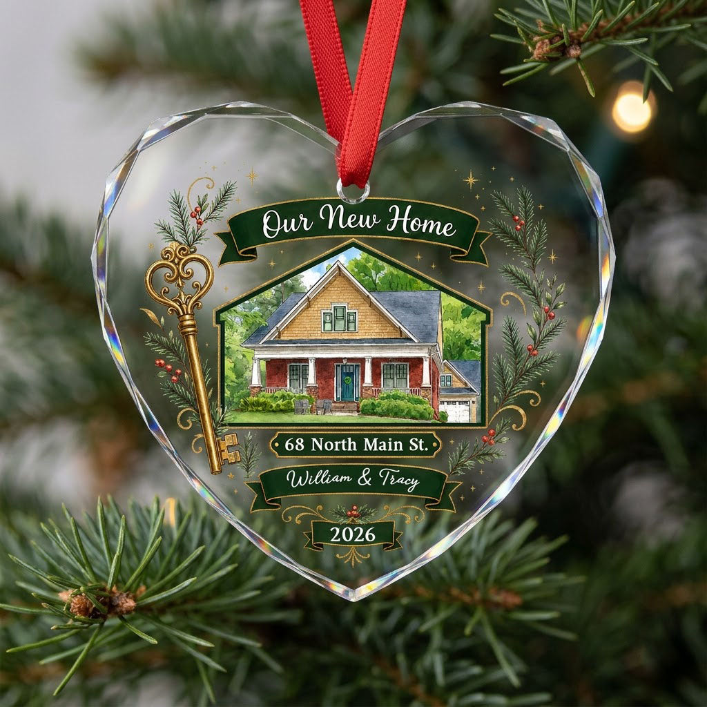 Heart-shaped glass ornament with watercolor house, gold key, evergreens, green banners, and 'Our New Home' text.
