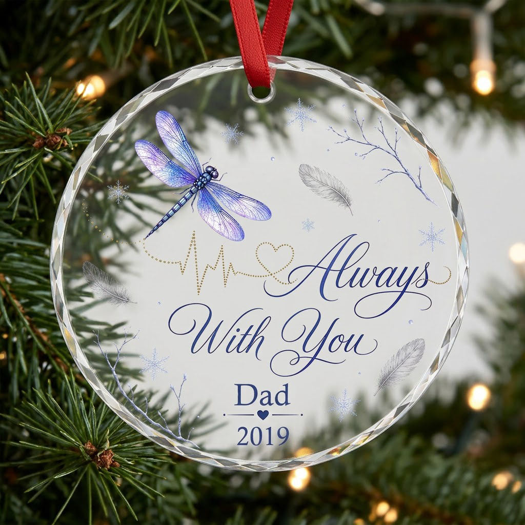Personalized Dragonfly Memorial Always With You Heartbeat Round Glass Ornament