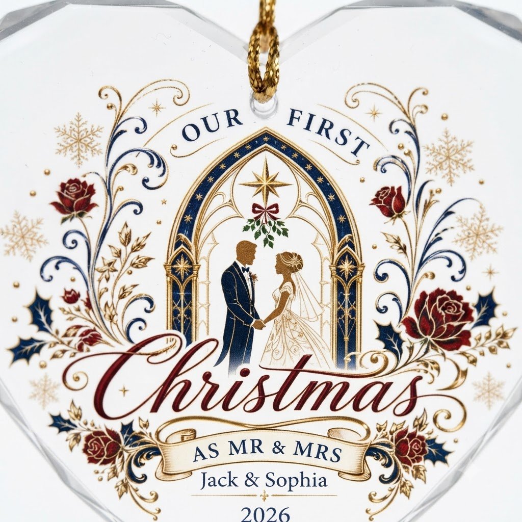 Personalized Our First Christmas as Mr & Mrs Wedding Heart Glass Ornament