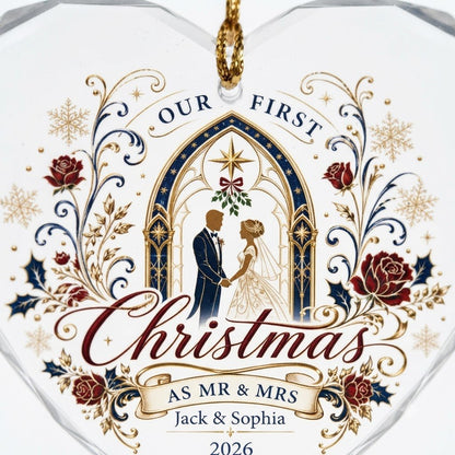 Personalized Our First Christmas as Mr & Mrs Wedding Heart Glass Ornament