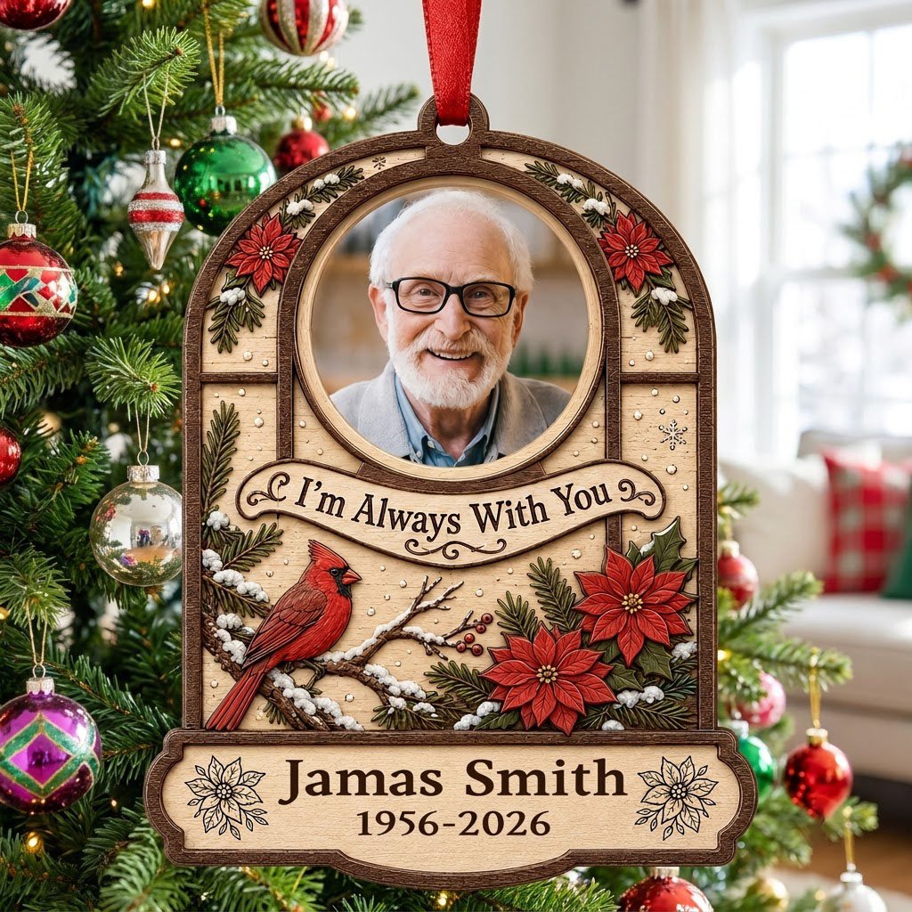 Arch wood ornament with photo cutout, cardinal on snowy pine, poinsettias, and "I'm Always With You" text.
