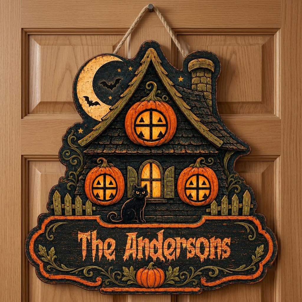 Custom-cut haunted house wooden sign with moon, bats, pumpkin windows, black cat, picket fences, and a family name banne