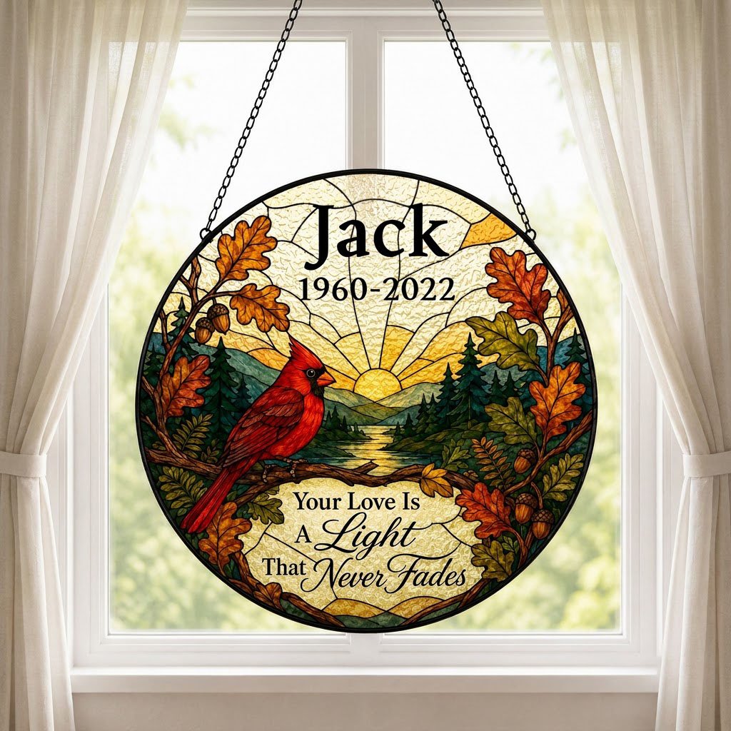 Round stained-glass style suncatcher with a red cardinal, oak leaves, mountains, a river and a radiant sun.