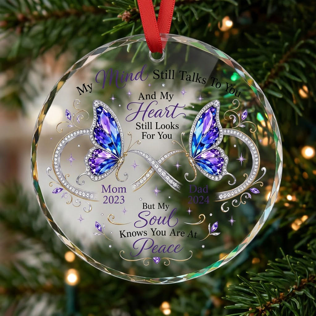 Round faceted glass ornament with two jeweled purple and blue butterflies, memorial quote, and personalized name and yea