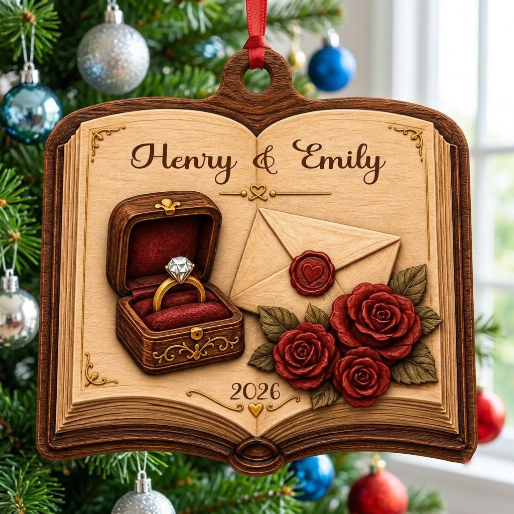 Open book wood ornament with a ring box, red roses, wax-sealed envelope, and custom names and year.