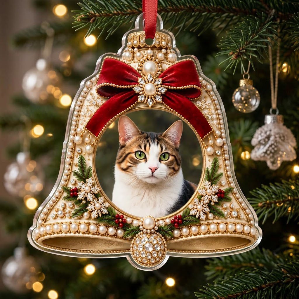 Bell-shaped acrylic ornament with red velvet bow, pearl and gold accents, and a central circular photo frame.