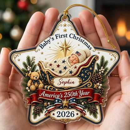 Personalized America 250th Baby's First Christmas Acrylic Ornament, Custom Patriotic Newborn Keepsake